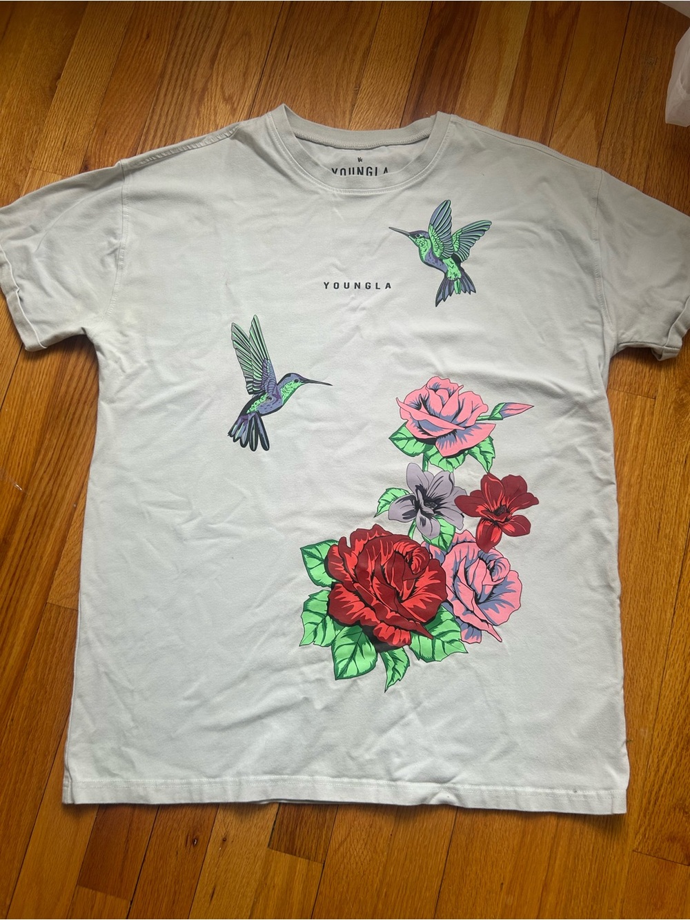 YoungLA Light Gray Tee with Red & Pink Floral and Green Hummingbird Graphics
